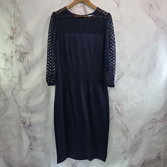 Boden Dress Womens 10 Long Tall Blue Electra Ponte Knee Midi Polka Dot Mesh Lace